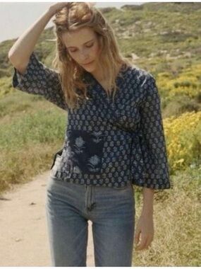 Doen Blue Printed Wrap Blouse